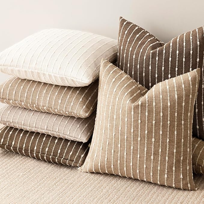 Foindtower Pack of 2 Decorative Jacquard Boucle Throw Pillow Covers Accent Textured Striped Pillowcases Soft Boho Modern Cushion for Couch Sofa Bedroom Living Room Home Decor 20x20 Inch Brown
