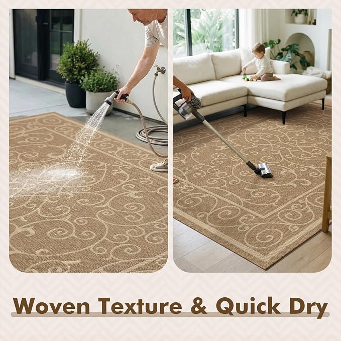 MontVoo-Outdoor Rug-Patio Rug 8x10 ft Polypropylene Indoor Outdoor Rugs Outdoor Carpet for Patio Deck Balcony Porch, Textured Weave, Durable for High Traffic, Fade-Resistant, Vintage Neutral Brown