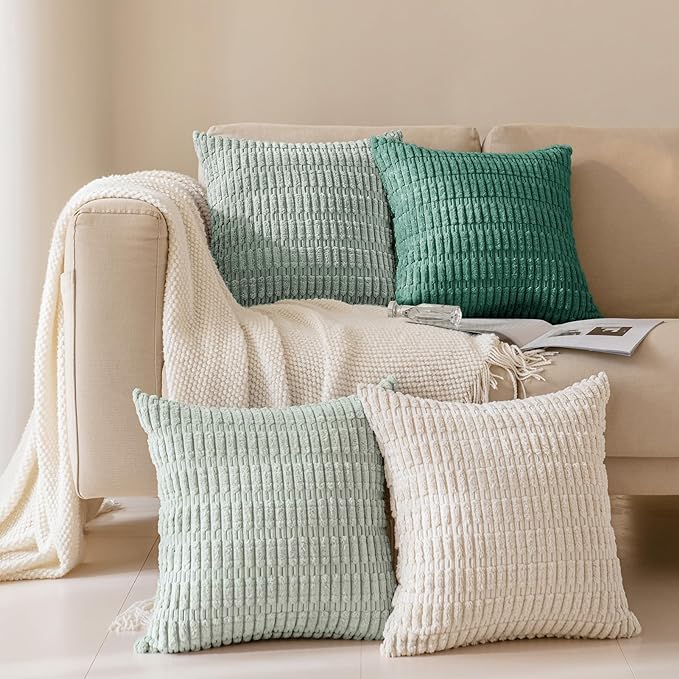 Softalker Grren Throw Pillow Covers,22x22 Inch Set of 4, Corduroy Soft Striped Farmhouse Boho Pillow Cover, Modern Decorative Cushion Pillow Case for Couch Sofa Bedroom Living Room - Beige/Green