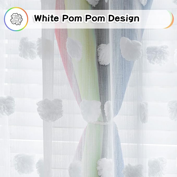 MYSKY HOME Pom Pom Sheer and Blackout Curtains Double Layer 63 Inches Long Kids Curtain for Girls Bedroom Son Room Ombre Room Darkening Window Drapes Back Tab Rainbow 52 x 63 in 2 Panels