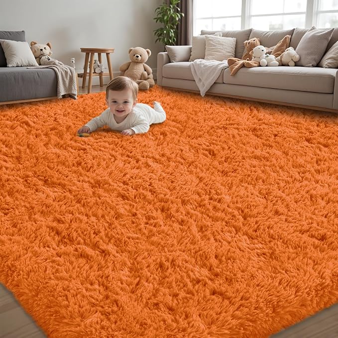 8x10 Area Rug for Living Room:Ultra Soft Fluffy Shag Brown Rugs,Large Fuzzy Plush Indoor Non Slip Carpet Washable Rug for Bedroom Kids Nursery Office Dorm Modern Decor(Orange 8'x10')