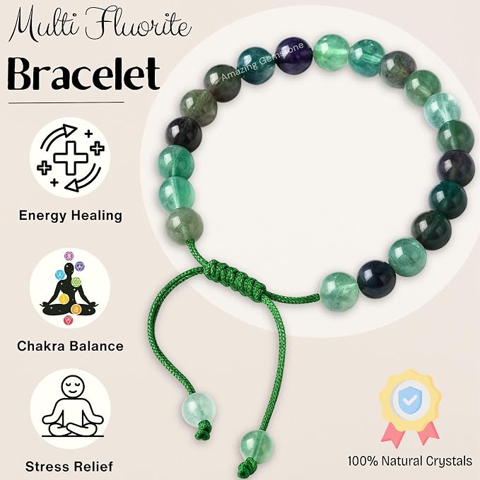 Amazing Gemstone Multi Fluorite Bracelet for Women Men's Gifts - Protection Healing Crystal Bracelet - 8mm Gemstones Beaded Adjustable Bracelet Pulseras para Hombres Mujer Stocking Stuffers