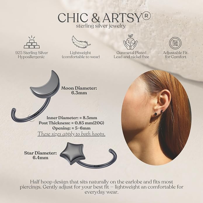 CHIC & ARTSY 925 Sterling Silver Half Hoop Earrings for Women, Small Huggie Hoops Set with Ball Bar Star Moon Cross & Pearl, Lightweight Comfort Fit Everyday & Sleep Earrings