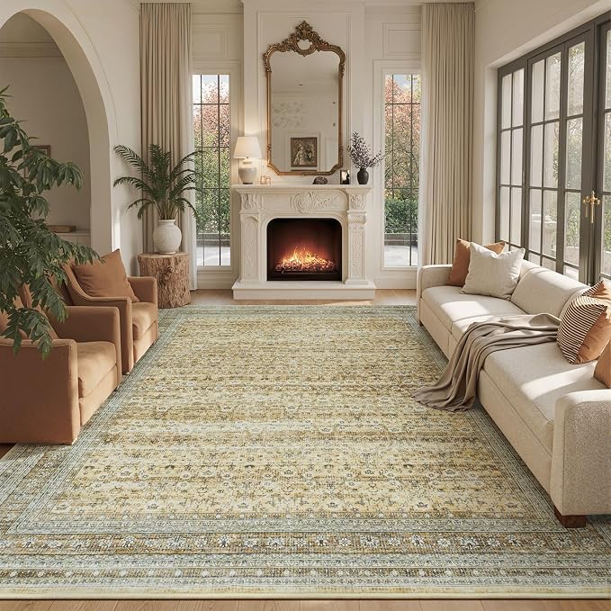 9x12 Area Rugs for Living Room Bedroom, Washable Large Rugs Non-Slip | Vintage Distressed Retro; Low Pile; Stain Resistant; Neutral Boho Carpet for Dining Room, Nursery, Home Office; Oatmeal Beige