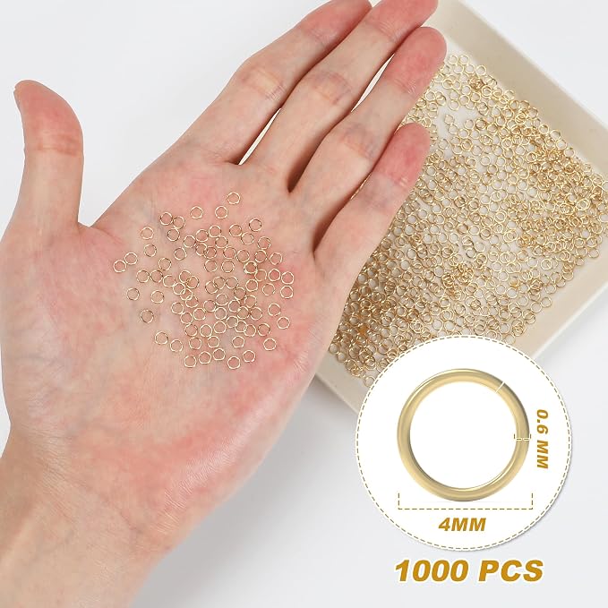 4MM 1000PCS 14K Gold Jump Rings for Jewelry Making Non Tarnish Small Open Gold Filled Jump Rings for Necklace Earrings Bracelet Key Chains and DIY Craft