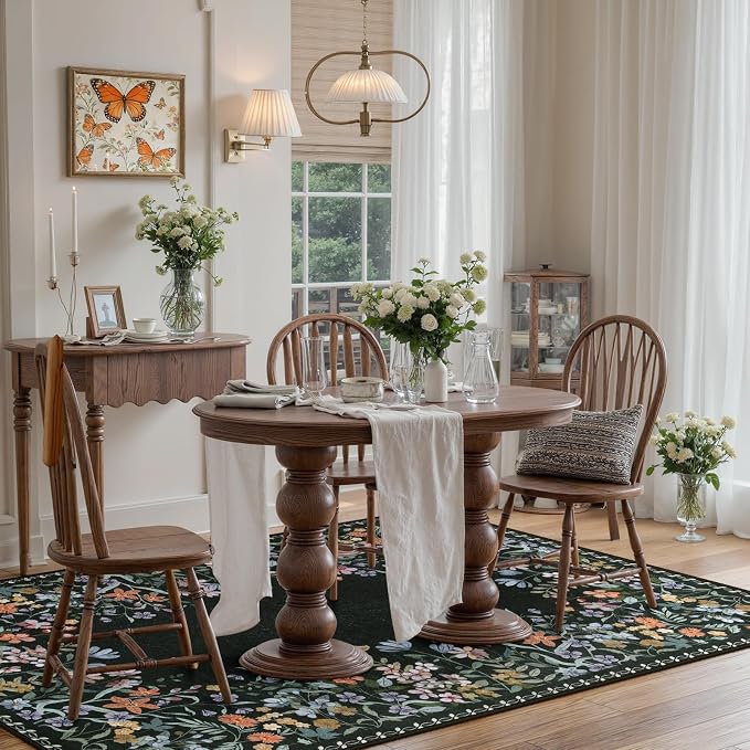 Wonnitar 5x7 Washable Area Rug, Black Floral Rug for Bedroom, Boho Flower Rug for Dining Room, Non Slip Low Pile Living Room Carpet, Botanical Farmhouse Indoor Decor (5x7 Black)