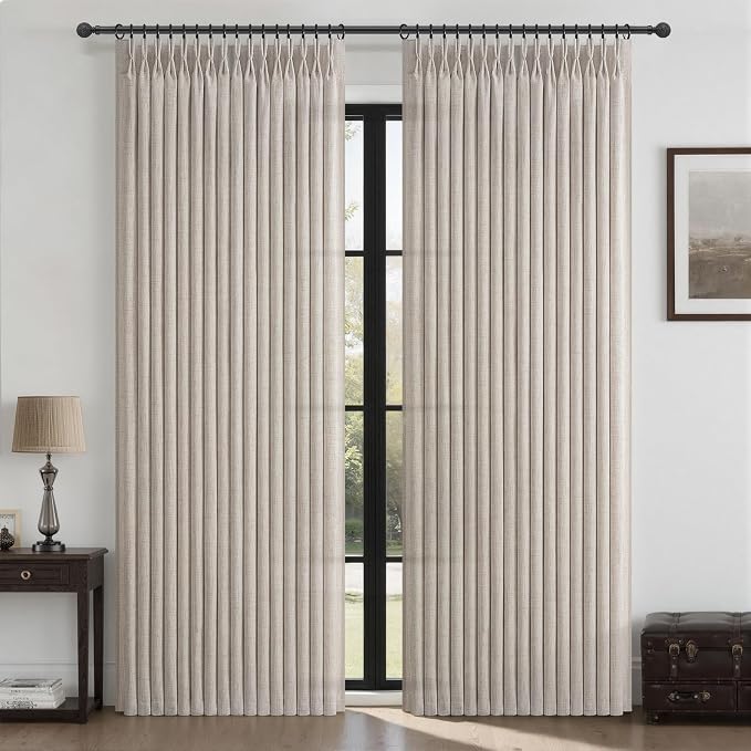 Semi Sheer Pinch Pleat Greyish Brown Curtains for Sliding Glass Doors 84 Inch Length, Memory Trained Thick Natural Linen Light Filtering Privacy Farmhouse Bedroom Windows Curtain & Drapes 2 Panels Set