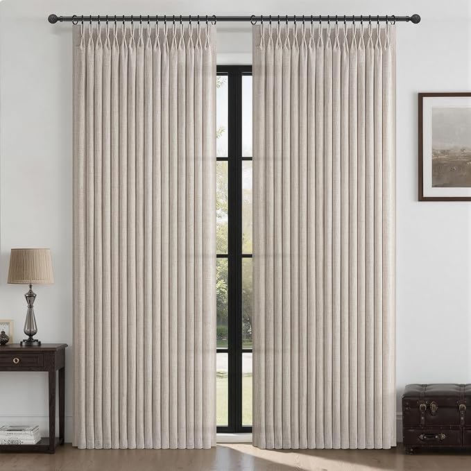 Thick Linen Greyish Brown Pleated Curtains 90 Inches Long 2 Panels Set for Bedroom, Memory Shape Semi Sheer Light Filtering Viral Curtain Privacy Dining Room Modern Windows Drapes Hooks Rings Burg