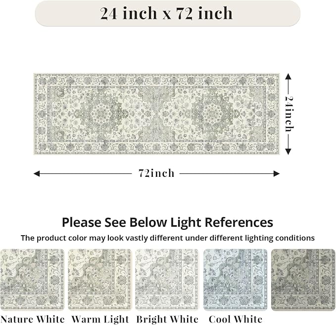 Sage Green Washable Hallway Runner Rug - 2x6 Kitchen Rug Distressed Low Pile Mats Non Slip Soft Rugs for Dining Room with Rubber Backing Bedroom Runner with Vintage Design (Green 2x6)