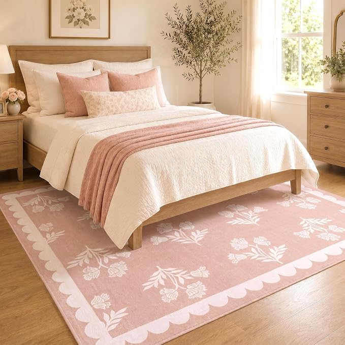 Pink Square Rugs 6ft - Soft Washable Boho Floral Girls Bedroom Rug 6x6 Stain Resistant Scalloped Dining Room Rugs for Under Table Cute Preppy Area Rug for Living Room Nursery Kids Room Carpet