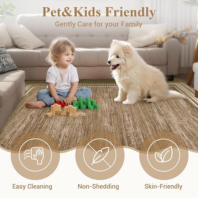 Garvee Brown Scalloped Rug 5x7 Washable Area Rug for Bedroom | Scalloped Rug 5x7, Girls Room Rugs, Stain Resistant Solid Rug for Bedroom Kids Room, Scalloped Low Pile Non-Slip Neutral Rug