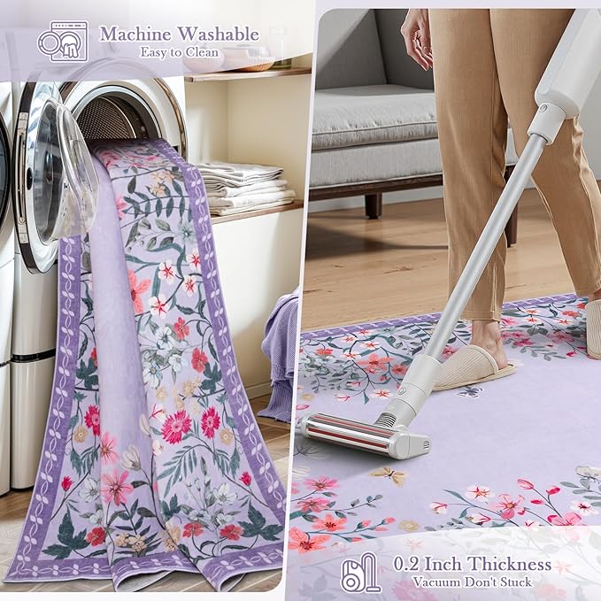 Wonnitar 4x6 Washable Area Rug, Purple Floral Rug for Girls Bedroom, Boho Soft Nursery Carpet, Non Slip Ultra Thin Entryway Mat, Lavender Kids Room Vanity Decor (4x6 Purple)
