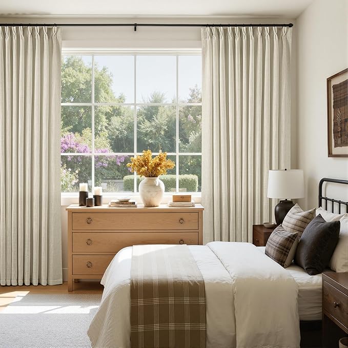 Pinch Pleated Extra Wide Beige Linen Curtain 90 Inches Long 70 Wide 1 Panel | for Patio Sliding Door Living Room, Pinch Pleat with Hooks Rings, Room Divider, Light Filtering Semi Sheer Privacy W70xL90