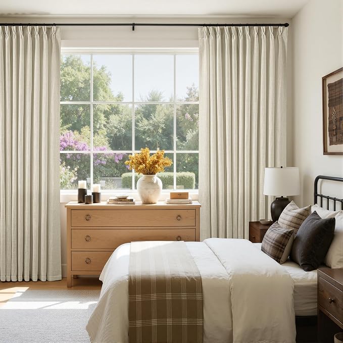 Pinch Pleated Extra Wide Beige Linen Curtain 92 Inches Long 70 Wide 1 Panel | for Patio Sliding Door Living Room, Pinch Pleat with Hooks Rings, Room Divider, Light Filtering Semi Sheer Privacy W70xL92