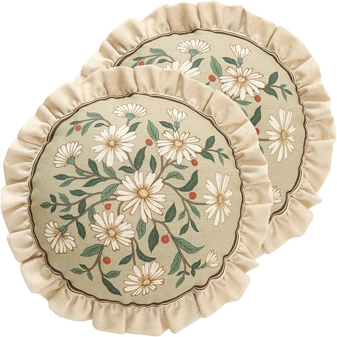 ISAENNE Vintage Linen Throw Pillow Cover,Set of 2,Diameter 16"-Brune C | Designer Elegant Round Pillow Cover,Concealed Zipper Design,Floral Pattern,Sofa,Bedroom,Living Room,Lounge Chairs