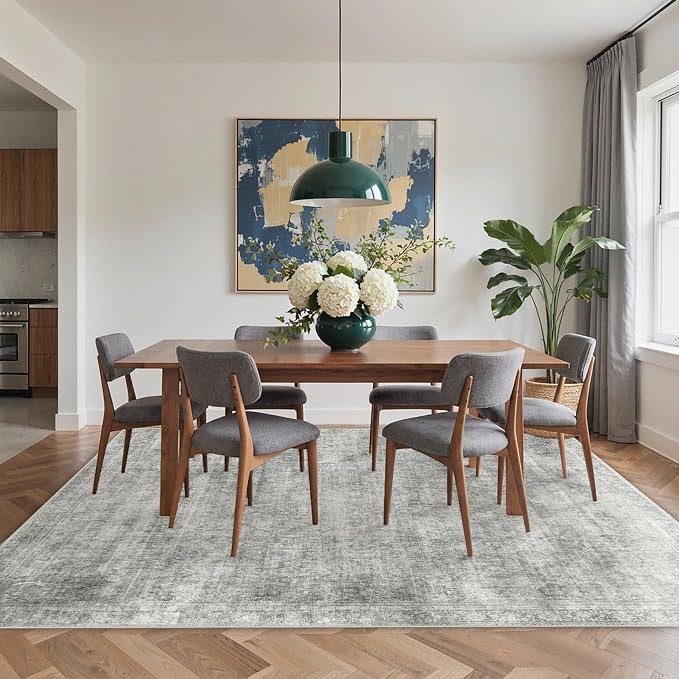 BESBLEE 6X9 Area Rugs Machine Washable Rugs for Living Room, Vintage Boho Large Rugs for Bedroom Dining Room, Non Slip Indoor Soft Distressed Lightweight Thin Low Pile Carpet, Light Grey