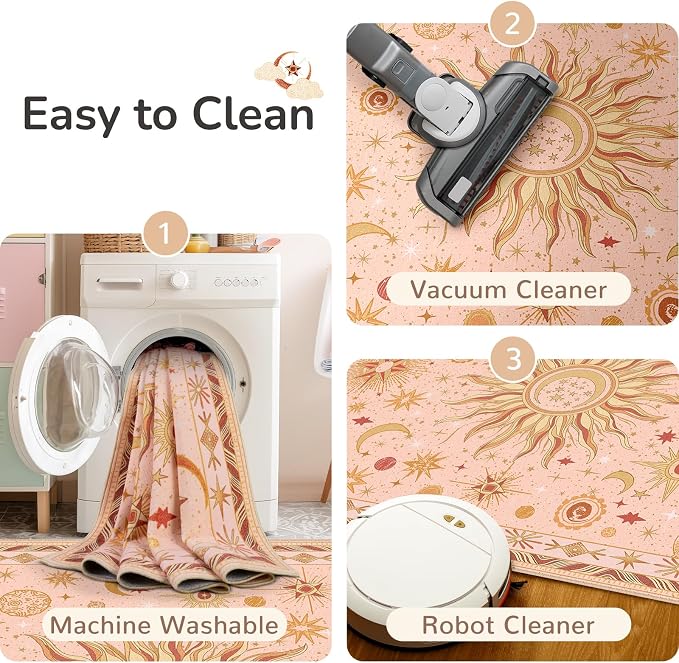 Vacuum-Friendly, 2x3 Washable Area Rug, Pink Gold Beige Red | Sun and Moon Boho Gothic Non-Slip Low Pile Living Roon Bedroom Dining Room Kitchen Entry Entryway Entrance Hallway Doormat