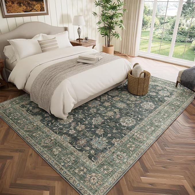 Boho Washable 5x7 Area Rugs for Living Room, Cushioned, Sage Green | Vintage Non-slip Rugs for Bedroom Dining Room Nursery Office, 0.3" Neutral Oriental Throw Thin Carpet, Green