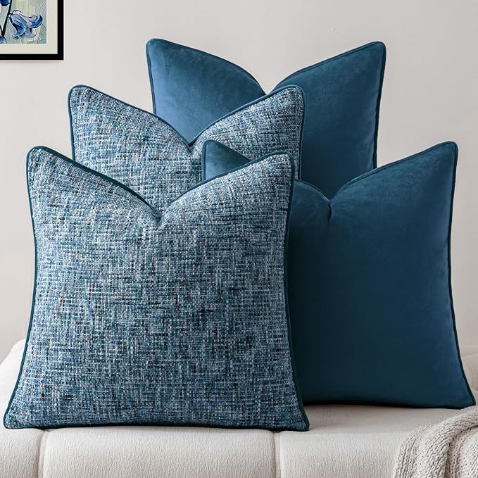 a moment Blue 4 Pack Throw Pillow Covers - Chenille & Velvet Set with Piping, Farmhouse Textured Design Pillow Cases for Couch Sofa Bed Livingroom (16x16 Inch, No Insert)