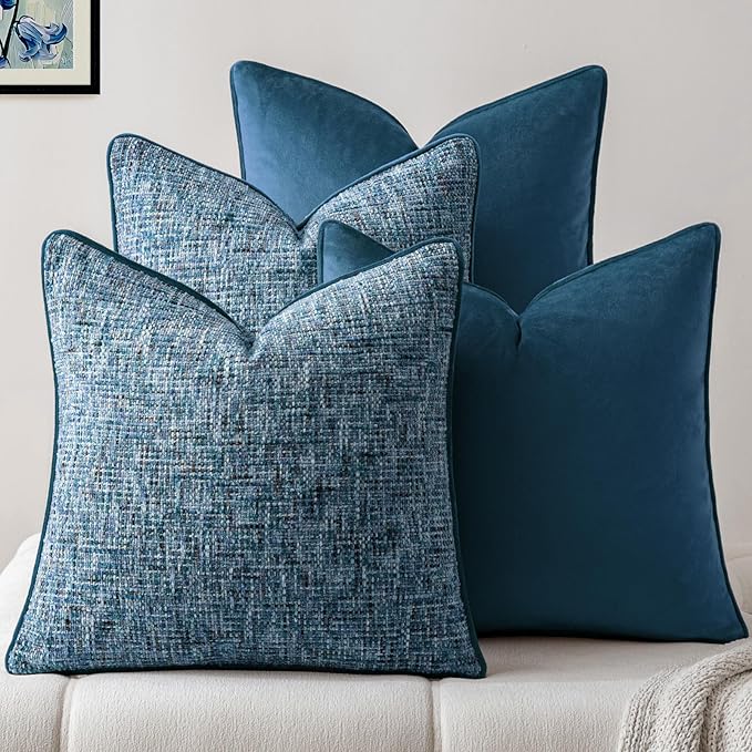 a moment Blue 4 Pack Throw Pillow Covers - Chenille & Velvet Set with Piping, Farmhouse Textured Design Pillow Cases for Couch Sofa Bed Livingroom (22x22 Inch, No Insert)
