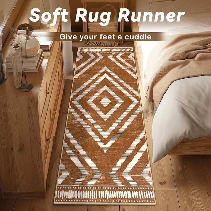 Boho Runner Rugs 2x6ft Non Slip, Brown Washable Rug with Rubber Backing, Soft Moroccan Farmhouse Kitchen Runner, Low Pile Geometric Floor Carpet for Hallway Bedroom Bathroom