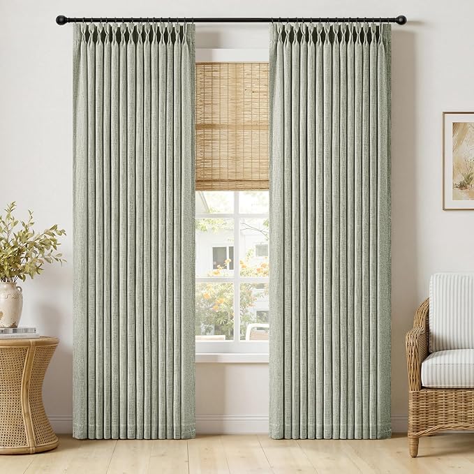 MIULEE Pinch Pleated Thick Linen Curtains 96 Inches Long 2 Panels for Living Room Bedroom, Memory Trained Pleat Drapes Light Filtering Sage Green Semi Sheer Window Curtains Hooks Rings Back Tab