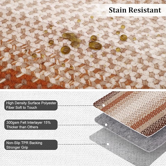 RUGSREAL 5x7 Bedroom Rug Braided Machine Washable Living Room Area Rug Modern Braid Printed Throw Carpet for Dining Room Non Slip Large Entry Area Rug Farmhouse Rug for Home Decor, Brown/Rust