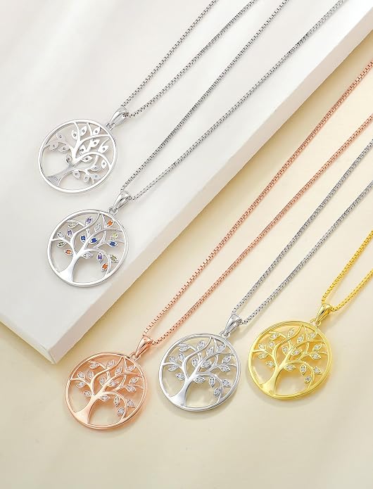 YL 925 Sterling Silver Tree of Life Necklace for Women Round Tree Pendant Birthstone Jewelry for Mom