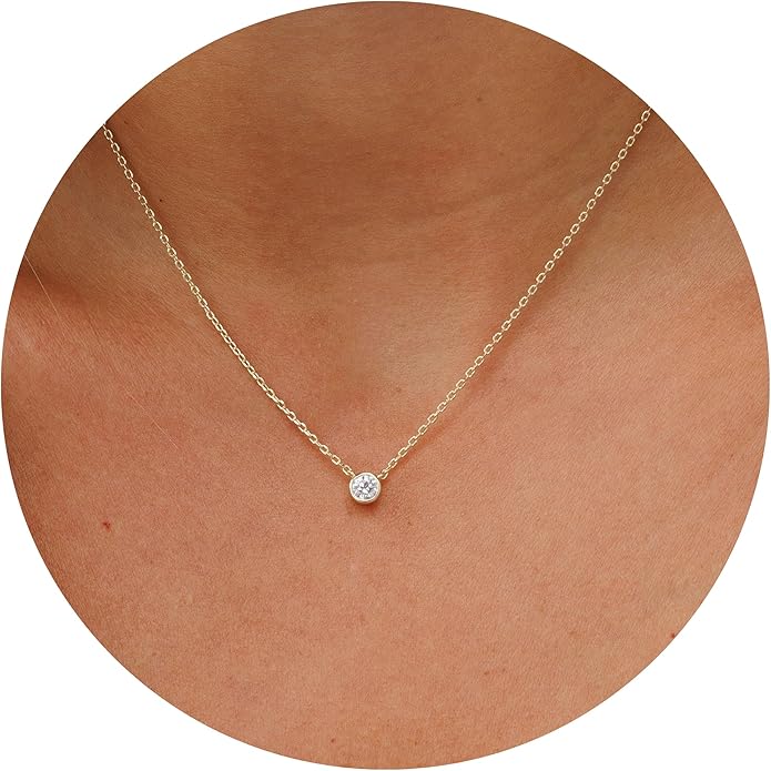Galis Dainty Necklace - Silver, Gold Plated 18" Choker for Women with Dainty Small Round Faux Diamond Necklace Pendant, Necklaces Women with CZ Solitaire Lobster Clasp, Minimalist Gift
