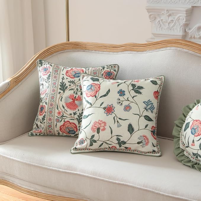 ISAENNE Designer Linen Throw Pillow Cover,Set of 2,18"x18"-Estevan A | Vintage French Elegant Square Pillow Cover,Concealed Zipper Design,Floral Pattern,Sofa,Bedroom,Living Room,Lounge Chairs