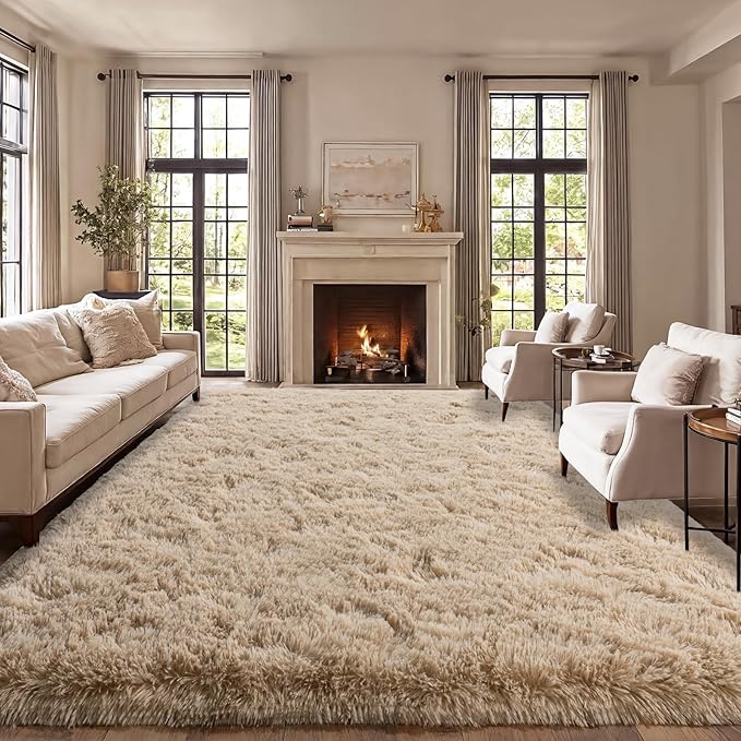 qulint Large Area Rug for Living Room 10x14, Soft Fluffy Tan Area Rug for Bedroom, Shag Shaggy Fuzzy Nursery Carpets for Boys and Girls Dorm Room Kid Room Home Decor (10ft x 14ft, Light Tan)