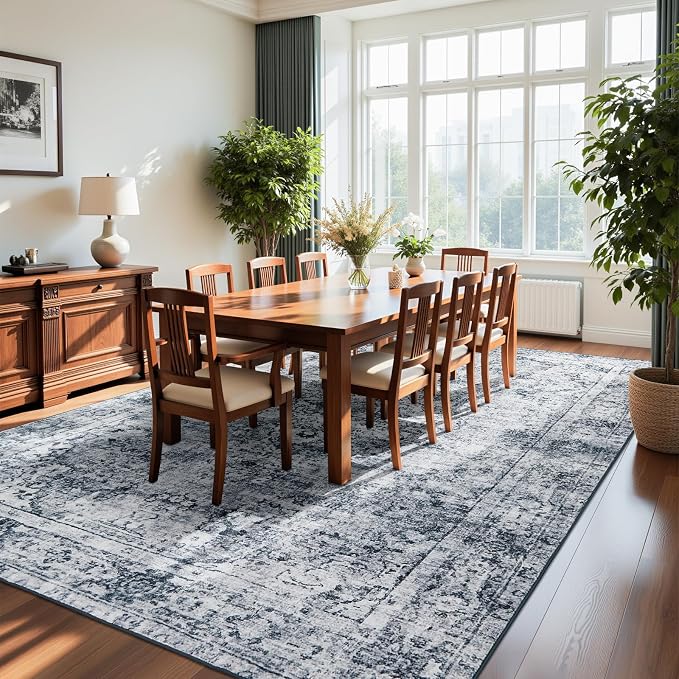 Joydeco 8x10 Area Rugs for Living Room, Non Slip Machine Washable Vintage Rug, Low Pile Chenille Print Rugs for Bedroom, Dining Room, Home Office, Pet & Child Friendly, Light Grey