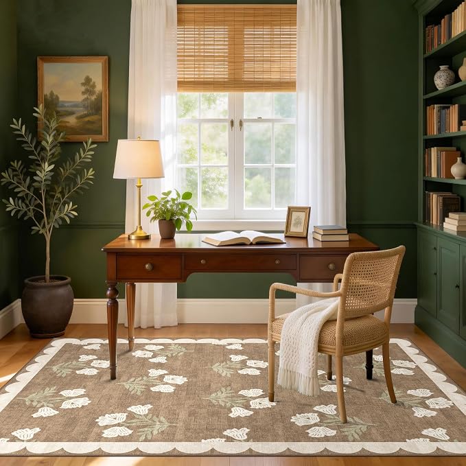4x6 Floral Bedroom Rug - Tan Brown Washable Boho Entryway Rug Non Slip Vintage Neutral Farmhouse Scalloped Area Rugs for Living Room Bedroom Kitchen Nursery Home Office Mudroom Room Decor