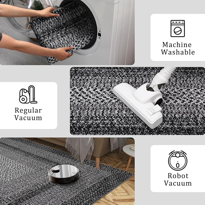RUGSREAL 8x10 Washable Area Rug for Living Room with Rubber Backing Boho Rug Stain Resistant Large Bedroom Throw Carpet Modern Geometric Floor Cover Bohemian Border Rug for Home Decor Office, Black