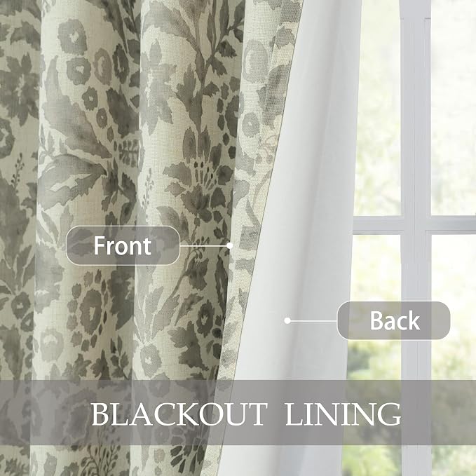 DriftAway Julia 100% Blackout Curtains Grommet 2 Panels, W52xL84, Gray | Floral Curtains, Bedroom, Living Room, Linen Blend, Watercolor Pattern, 2 Layers, Thermal Insulated, Window Treatment