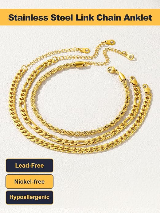 U7 2Pcs/3Pcs Ankle Bracelets for Women, Stainless Steel Cuban Link/Figaro/Rope/Heart Chain Anklets Sets,Waterproof Layered Anklets Adjustable 8.5"-10.5"