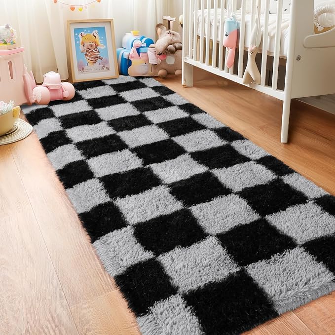 Pionblank Checkered Rug for Bedroom 2x6, Modern Fluffy Runner Rugs for Living Room, Super Soft Shaggy Bedside Carpet for Kids Room Nursery Teens Dorm Decor, Black and Grey