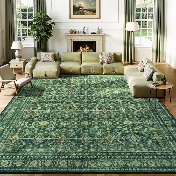 Lessymo 5x7 Washable Area Rug with Non Slip Backing,Soft Boho Indoor Carpets for Living Room Bedroom Nursery, Kid and Pet Friendly, Green