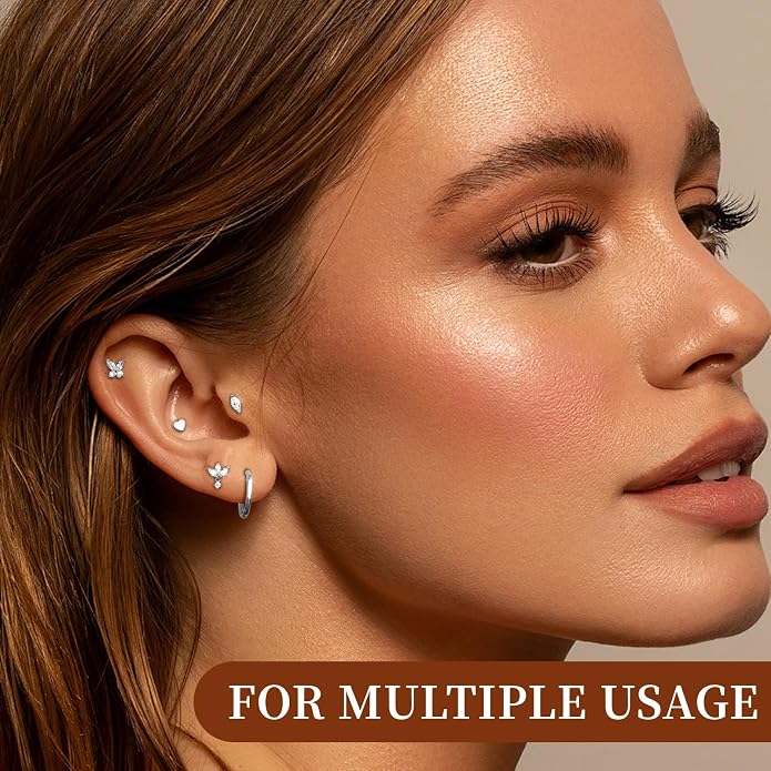 G23 Titanium 10Pcs 16G/18G Stud Earrings Flat Back Tragus Cartilage Earrings Rings Hoops CZ Butterfly Flower Leafage Heart Stud Labret Conch Helix Piercing Jewelry Set
