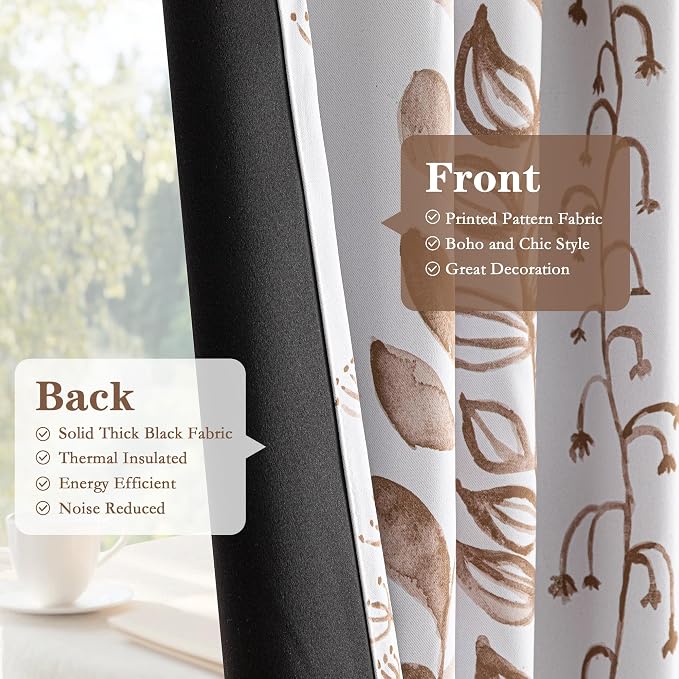 MEETSKY Blackout Curtains 95 Inches Long Leaves Patterned Farmhouse Thermal Insulated Privacy Protection Drapes with Rod Pocket Back Tab for Bedroom Living Room, 2 Panels, 50" Wide, Khaki