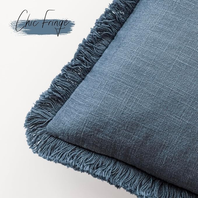 Foindtower Set of 2 Decorative Linen Fringe Throw Pillow Covers Cozy Farmhouse Cushion Cover with Tassels Accent Pillowcase for Couch Chair Sofa Bed Living Room Home Decor,22×22 Inch,Dark Blue