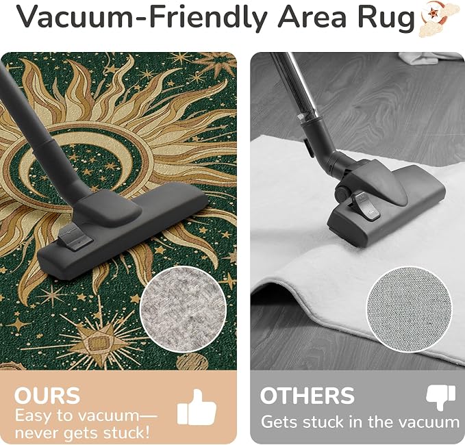 Vacuum-Friendly, 8x10 Washable Area Rug, Green Gold Yellow | Sun and Moon Boho Gothic Non-Slip Low Pile Living Roon Bedroom Dining Room Kitchen Entry Entryway Entrance Hallway Doormat