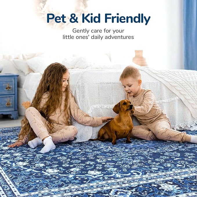 Lessymo Washable Area Rugs 6x9- Boho Area Rug Low Pile for Bedroom Living Room Kitchen, Ultra-Soft Faux Wool Vintage Area Rug with Non-Slip Rubber, Kid & Pet Friendly, Blue White