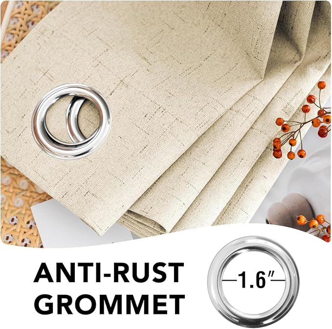 H.VERSAILTEX Linen Curtains 100% Blackout Curtains for Bedroom 90 inch Long Full Light Blocking Nature Linen Blended Window Curtains for Living Room Nickel Grommet (2 Panels, Bleached Sand)