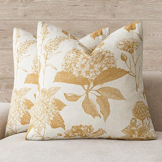 Foindtower Set of 2 Linen Floral Vintage Throw Pillow Covers Neutral Accent Print Decorative Cozy Cushion Covers Farmhouse Home Decor for Sofa Chair Couch Bed Living Room,24×24 Inch,Light Yellow