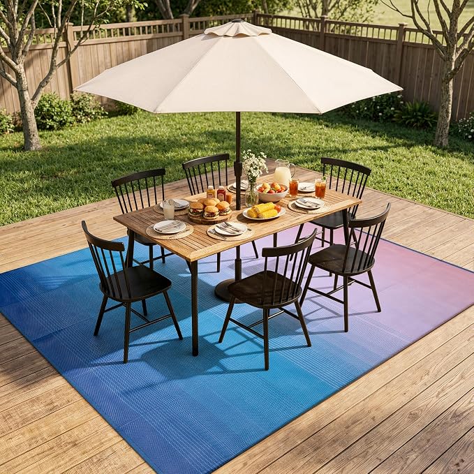 Lahome 9x12 Pink Outdoor Pool Picnic Rug, Pink Blue Beach Camping Rugs for Outside Your Rv, Waterproof Plastic Straw Stain Resistant Deck Carpets for Patio Porch Decor, Pink Blue 9'x12'