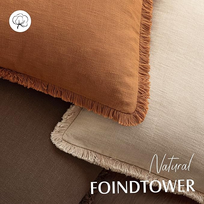 Foindtower Set of 2 Decorative Linen Fringe Lumbar Throw Pillow Covers Boho Farmhouse Cushion Cover with Tassels Soft Accent Pillowcase for Couch Sofa Bed Living Room Home Decor,12×20 Inch,Orange