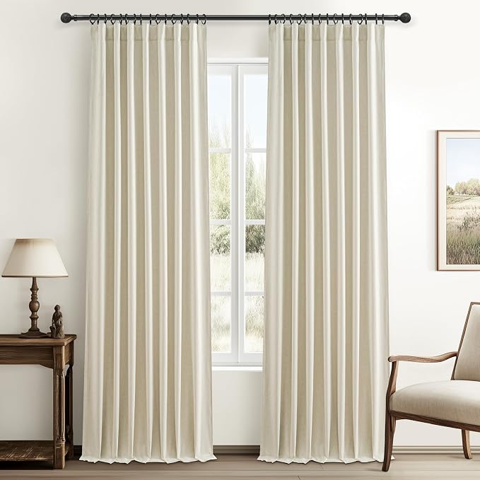 90 Inch Warm Cream Linen Blend Curtains for Living Room, Blackout Pleated Rustic Boho Curtain Room Darkening Privacy for Nursery/Office Thermal Windows Drapes 2 Panels Set with Back Tab Rod Pocket