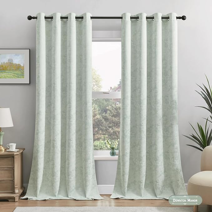Beauoop Green Floral Jacquard Blackout Curtains for Bedroom 52x96 2 Panels | Flower Chenille Room Darkening Drapes for Living Room 96 Inch Long Thermal Insulated Soundproof Window treatment Grommet