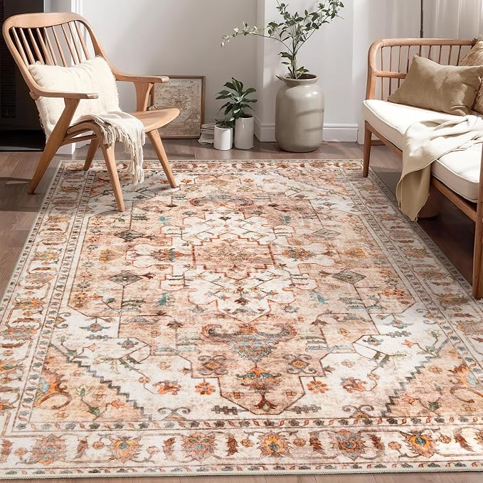 SERISSA 4x6 Boho Bedroom Rug, Washable Non Slip Vintage Peach Cream Area Rugs, Ultra Soft Print Distressed Tribal Entry Rug Low-Pile Throw Carpet for Nursery Dorm Kitchen Living Room Decor
